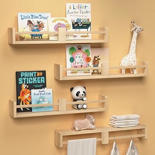 24 Inch Nursery Book Shelves, Floating Shelves Set of 4, Wall Mounted Hanging Shelves for Kids Room Wall, White Wall Shelf, Baby Book Shelves for Kids Bedroom Decor Organizer - Natural Wood