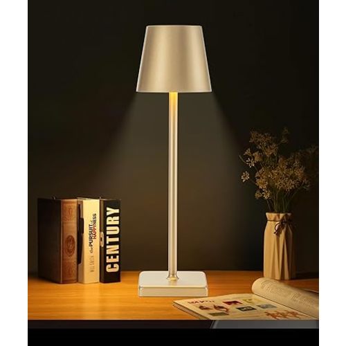 HASUN Gold Cordless Table Lamp, Aluminum Shell LED Rechargeable Desk Lamp, 3W 5200mAh Battery Operated Table Light, 3 Color Stepless Dimming Up Waterproof for Living Room/Indoor/Outdoor (Gold)