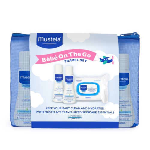 Mustela Baby Bebe On The Go Travel Set, includes Baby Lotion, Cleansing Gel and Wipes, 3 Piece Set