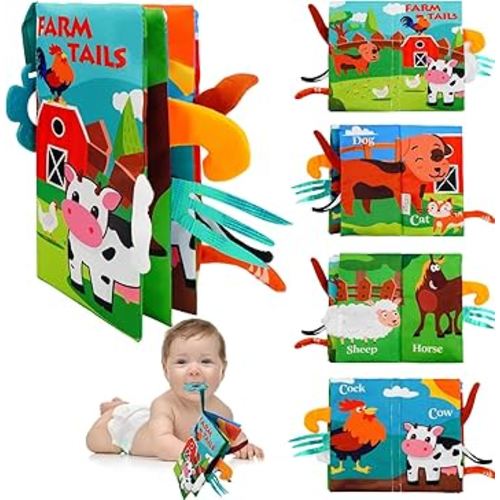 Baby Books Toys 0-12 Months with Teether,Tummy Time Crinkle Sensory Toys,High Contrast Touch & Feel Soft Book, Early Learning Infant Toys,Shower Gift for Boys Girls (Farm Animals)