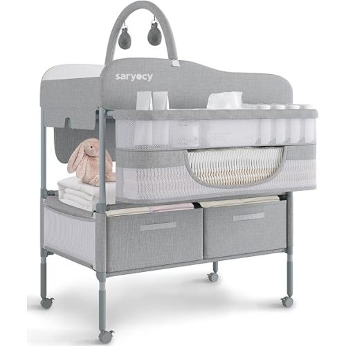 Baby Changing Table, Versatile Folding Changing Table, Waterproof Diaper Changing Station, Adjustable Height with 2 Drawers,Baby Changing Station, Mobile Nursery for Infant and Newborn
