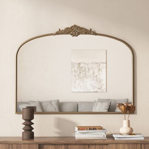40" x 30" Vintage Arched Gold Decorative Wall Mirror, Antique Brass Full Metal Frame, Baroque Ornate Wall Mirror for Entryway, Living Room-Panipeachy