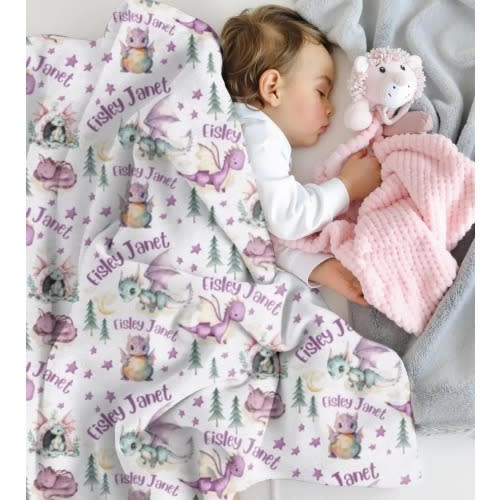 Personalized Dragon Swaddle, Custom Baby Girl Dragon Blanket, Purple Dragon Minky with Name, Dragon Baby Blanket for Girl, Dragon Nursery
