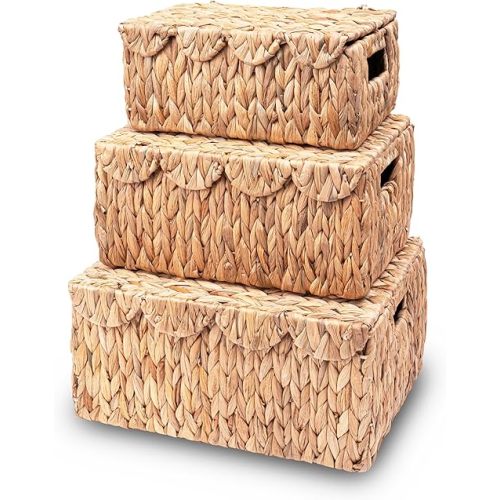 Scalloped Edge Wicker Basket with Lid, Rectangle Wicker Storage Basket with Built-in Handles, Multipurpose Organizer Rattan Display Boxes for Shelf, Nursery Room, Set of 3