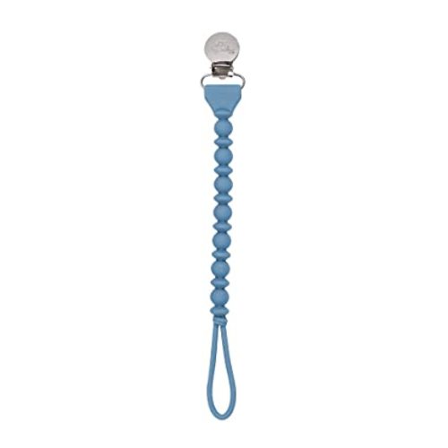 Itzy Ritzy Silicone Pacifier Clip; 100% Silicone Pacifier Strap with Clip Keeps Pacifiers, Teethers & Small Toys in Place; Features One-Piece Design & Silicone Cord, Blue + Silver Clip