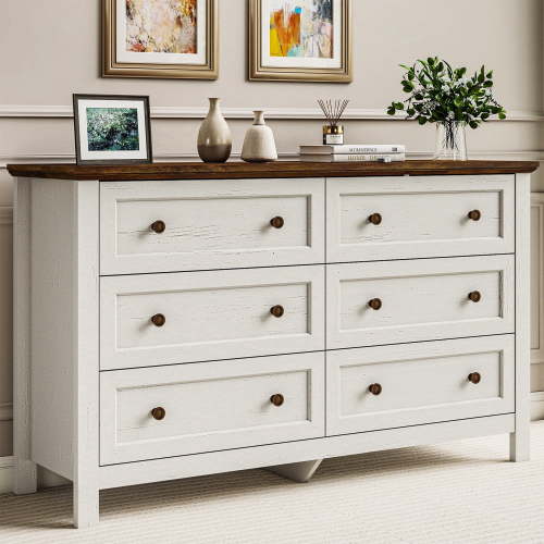 Goealvce 6 Drawer Dresser for Bedroom, Wood Chest of Drawer with Large Storage Space, Retro Storage Cabinet for Living Room, White