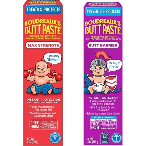 Boudreaux's Butt Paste 4oz Butt Barrier Ointment and 4oz Max. Strength Diaper Rash Ointment