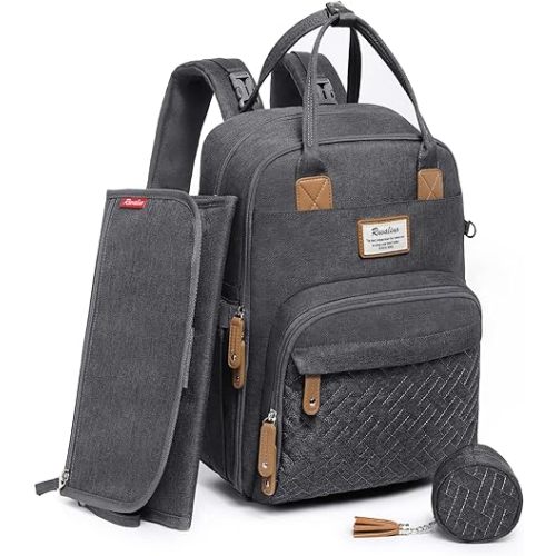Diaper Bag Backpack, RUVALINO Neutral All-in-One Baby Bags for Boy Girl, Multifunction Large Travel Backpack with Portable Changing Pad, Stroller Straps, Pacifier Case and Insulated Pockets, Dark Gray