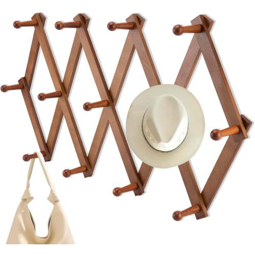 Accordian Wall Har, Expandable Wooden Coat Rack Har, Accordion Style Expandable Wall Wooden Coat Rack with 13 Peg Hooks for Baseball Caps, Coats,