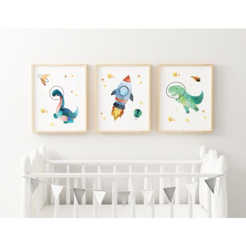 Space Dinosaur Nursery Art Prints PRINTED Set of 3 watercolor dinosaur nursery space art prints boy nursery outer space art Prints SD2-A3