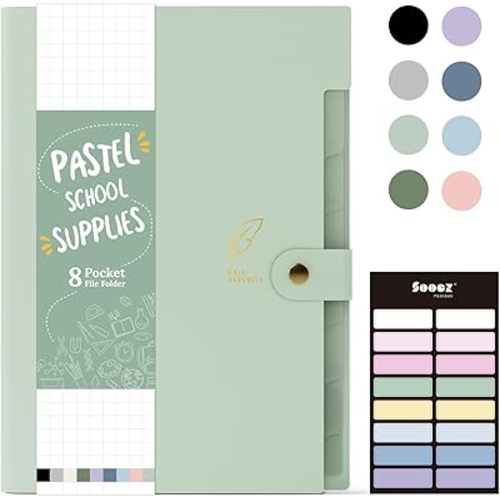 Sooez Aesthetic 8 Pocket Accordion File Organizer, Pastel Expanding File Folder for Important Document with Labels, Portable Receipt Bill Organizer for Office School Supplies, Letter Size Light Green