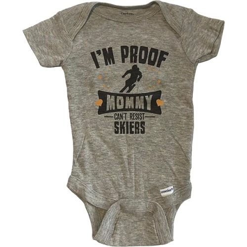 Really Awesome Shirts Funny Skiing One Piece Baby Bodysuit - I'm Proof Mommy Can't Resist Skiers Baby Bodysuit - Grey