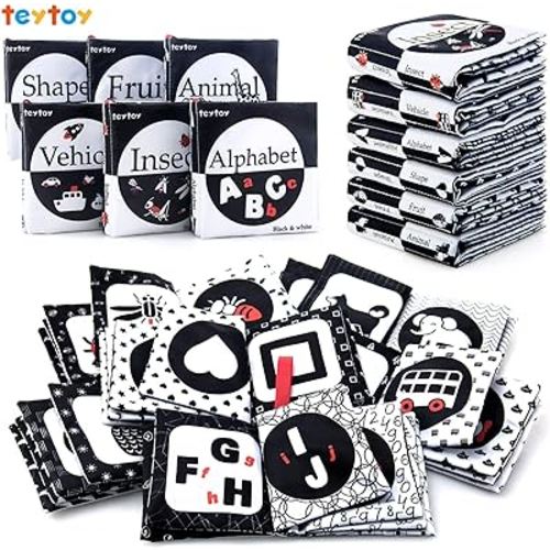 My First Soft Book,teytoy Nontoxic Fabric Baby Cloth Activity Crinkle Soft Black and White Book for Infants Boys and Girls Early Educational Toys Perfect for Baby Shower -Pack of 6