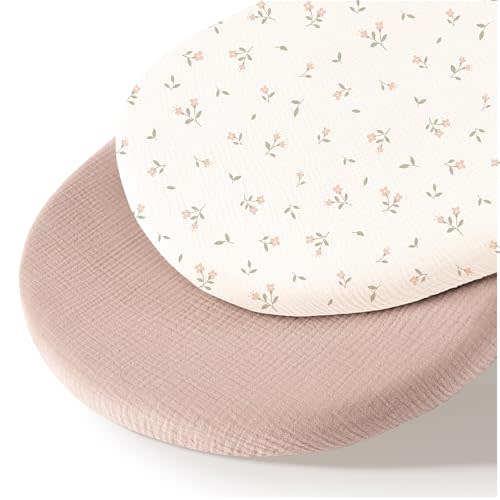 MairMore Muslin Bassinet Sheets for Babies – Soft & Breathable 100% Cotton Fitted Sheets for Oval, Rectangle, Hourglass Bassinet Mattress Pads, 2-Pack (Ivory & Pink)