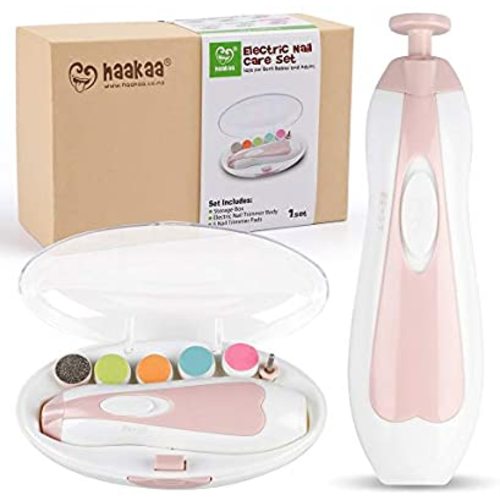 haakaa Baby Nail Trimmer Electric Safe Baby Nail Clippers Baby Nail File Kit Manicure Set, Trim Polish Grooming kit for Newborn Toddler or Adults Toes Fingernails, 6 Grinding Heads and LED Light, Pink