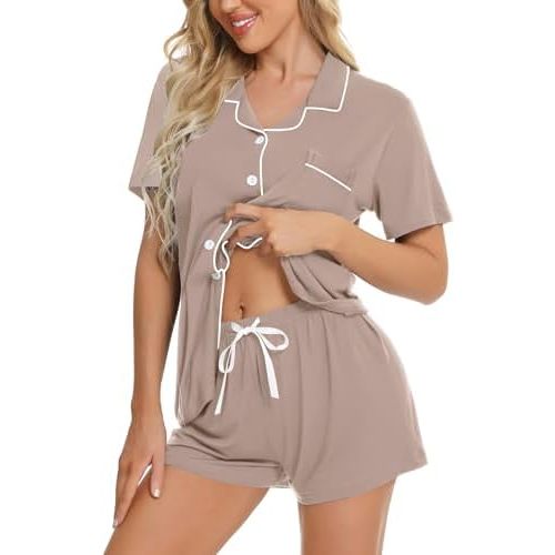 SWOMOG Womens Pajamas Set Button Down Soft Short Sleeve Sleepwear Loungewear 2 Pcs Pjs Shorts Set XS-XXL