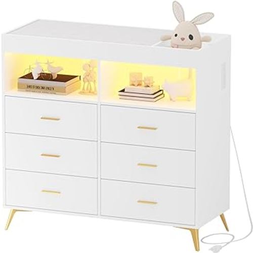Changing Table Dresser with Drawers and LED Light, Baby Dresser with Changing Table Top, Power Outlet and Metal Feet, Diaper Changing Station Nursery Organizer for Infants Newborn, White