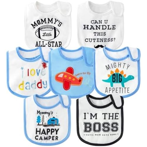 7Pcs Cotton Waterproof Baby Bibs Hook Loop Closure Newborn Bib Keepsake Baby Gift for Drooling Feeding Eating