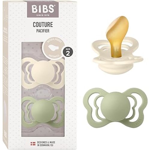 BIBS Pacifiers - Couture Collection | BPA-Free Baby Pacifier | Made in Denmark | Set of 2 Ivory/Sage Color Premium Soothers | Size 6-18 Months