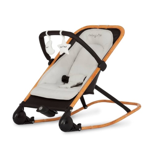 Dream on Me Rock with me 2-in-1 Rocker and Stationary Seat | Compact Portable Infant Rocker with Removable Toys Bar & Hanging Toys in Black & Grey