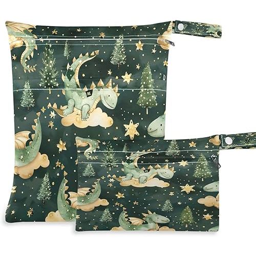Kigai Cartoon Dragon Wet Dry Bags for Baby Cloth Diapers Waterproof Reusable Wet Bags with 2 Zippered Pockets for Travel Beach Pool Stroller Gym Swimsuits Wet Clothes (2 Pack)