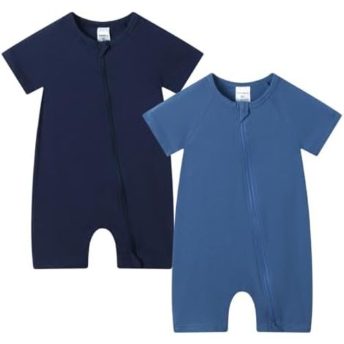 JunNeng 2 Pack Footless Long/Short Sleeve Baby Romper with Zipper Cotton Infant Sleepwear