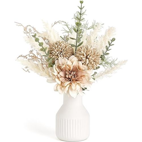 Mkono Small Artificial Flowers in Ceramic Vase 13.5" Centerpieces Coffee Table Decor, Silk Flower Arrangements for Home Decor Indoor Fake Flower Bouquet for Dining Room Kitchen Wedding, Brown