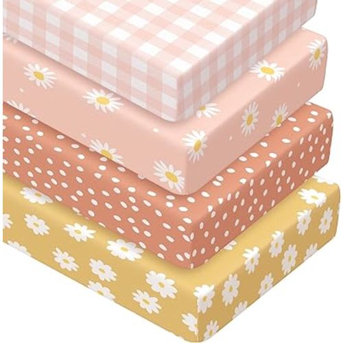 Peryiter 4 Pack Crib Sheets Girl Soft Baby Bed Sheet Set 52'' x 28" Pink Plaid Nursery Sheets Daisy Printed Crib Sheets for Standard Crib for Nursery Decor Baby Boys or Girls