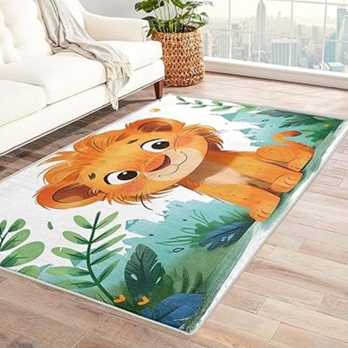 Lion Rug for Nursery - Lion Rug & Home Decor, Cute Cartoon Forest Animal Rugs for Entryway, Washable Rugs, 3x5 Area Rug, Non Slip Soft Low Pile Indoor Door Mat, Kids Wildlife Carpet & Room Decorations