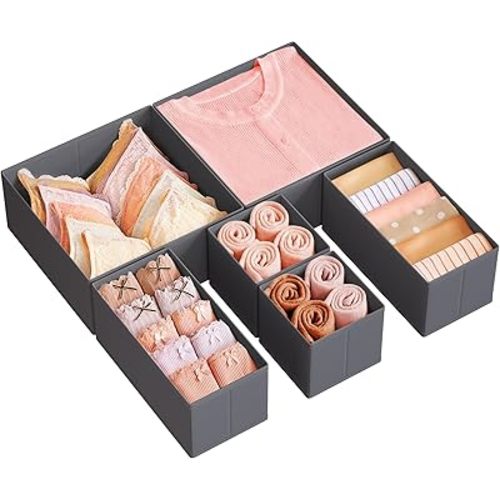 SONGMICS Drawer Organizer, Dresser Drawer Organizers, Set of 6, Foldable Fabric Storage Bins for Socks, Underwear, Bras, Ties, Scarves, Slate Gray URDZ06G