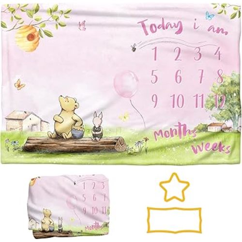Winnie Classic Pink Bear Soft Touch Milestone Blanket for Baby Girl - Monthly Growth Chart Photo Backdrop 60" X 40