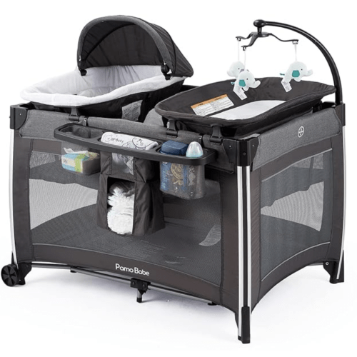 Pamo Babe 4 in 1 Baby Playards with Bassinet & Changing Table, Portable Crib Breathable Mesh and Toy Mobile