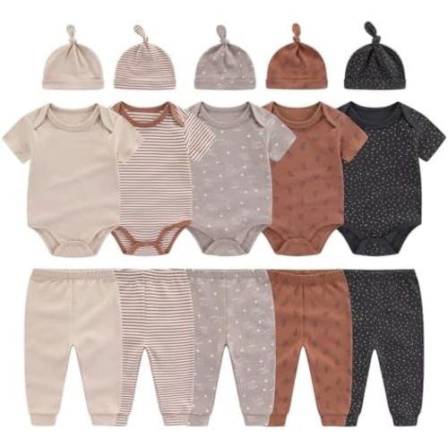 0-12 Months Unisex Baby Pants Sets New born Bodysuit and Hats 15 Pack Boy Girl Infant Comfort Outfit Clothes