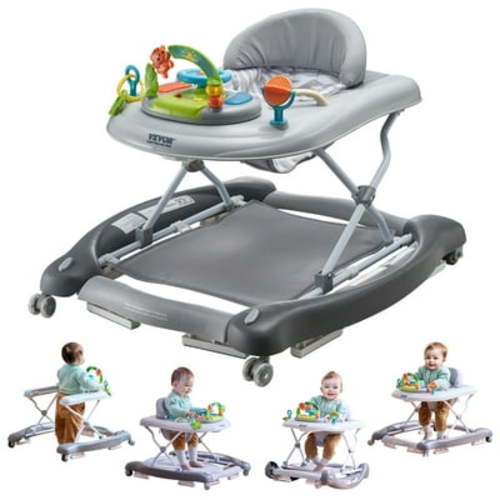 KFFKFF Baby Walker 4 in 1, Foldable Height Adjustable Baby Walker with Wheels, Infant Toddler Walker with Foot Pads, Anti-Fall Baby Walker With Music & Toys Tray for Boys and Girls 6-24 Months