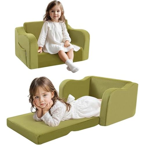 MeMoreCool Fold Out Kids Couch Toddler Chair, Comfy Baby Sofa Kid Lounge Chair for Toddlers 1-4, Convertible Child Recliner Foldable Children Couch Bed, Pull Out Chair for Boy Girl, Green