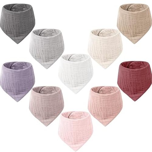 Konssy Muslin Baby Bibs 10 Pack Baby Bandana Drool Bibs 100% Cotton Lavender Gray