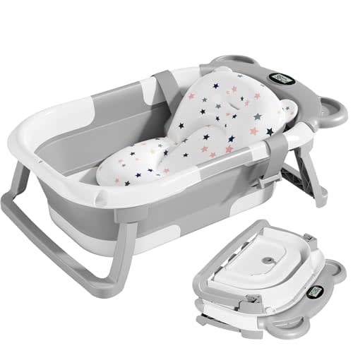 TPN Collapsible Baby Bathtub for Infants to Toddler with Real-time Temp Monitor+Floating Cushion,Foldable Baby Bath Tub Set Applicable 0-36 Month,Perfect Portable Travel Baby Tub for Newborns Boy