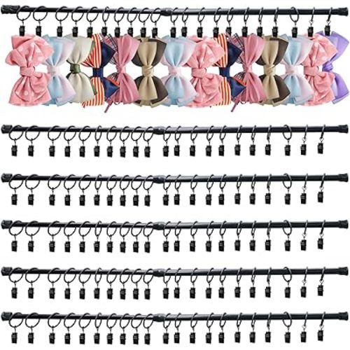 5 Pcs Wall Hanging Bow Holder Girls Hanger Headband Storage Organizer Include 5 Black Adjustable Rods 120 Metal Bow Storage Hanger 15 Wall Hooks for Closet Nursery Decor
