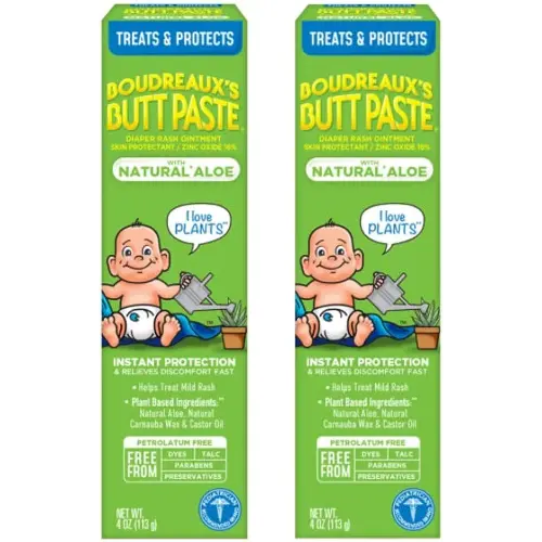 Boudreaux's Butt Paste with Natural* Aloe Diaper Rash Cream, Ointment for Baby, 4 oz Tube, 2 Pack