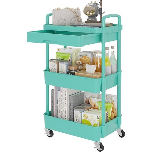 Calmootey 3-Tier Rolling Utility Cart with Drawer,Multifunctional Storage Organizer with Plastic Shelf & Metal Wheel,Storage Cart for Kitchen,Bathroom,Living Room,Office,Green