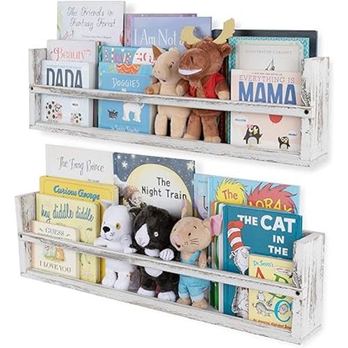 Brightmaison Polynez 30" Floating Shelves for Wall Decor, Kids Bookshelf, Nursery Book Shelves, Multiuse Shelf Set of 2 Wood Burnt White