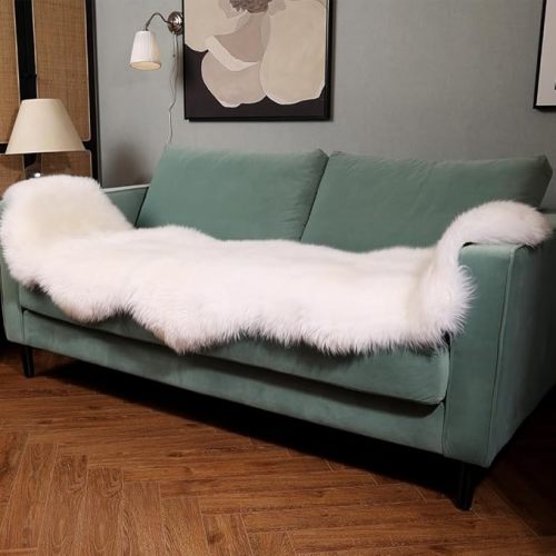 Premium Genuine Fur Sheepskin Rug Real Australia Sheepskin Natural Luxury Fluffy Lambskin Fur Area Rug Seat Covers for Kids Bedroom Sofa Chair Cover (Creamy White, Double Pelt/2ft x 5.2ft)