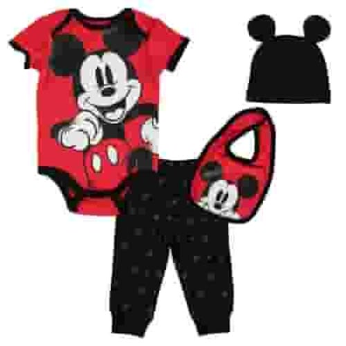 Disney Short Sleeve Bodysuit Joggers Hat Bib Micky Mouse Print Outfit Set (Infant Baby Boy)