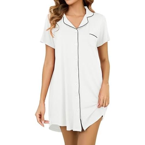 Nightgowns for Women Short Sleeve Button Down Nightshirt Soft Sleepshirt Boyfriend Pajama Dress