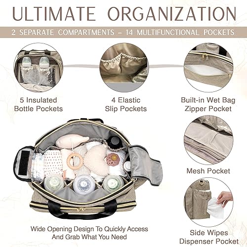 4 in 1 Convertible Diaper Bag Tote for Baby Boys and Girls - Converts into Diaper Backpack, Tote Bag, Stroller Bag and Crossbody Diaper Bag - Beige Baby Travel Bag - Gift for Mom