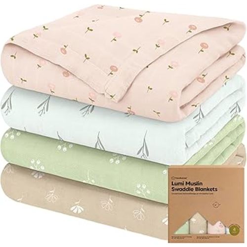 4-Pack Muslin Swaddle Blankets for Baby Boys, Girls - Organic Baby Blankets for Girl, Boy, Baby Swaddle Blanket Unisex, Receiving Blankets, Swaddles for Newborns, Newborn Baby Essentials (Wild Bloom)