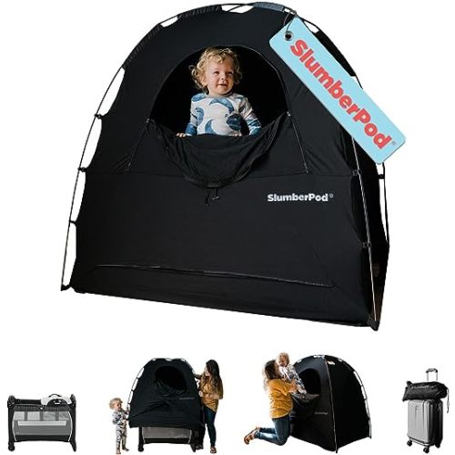 SlumberPod Portable Sleep Pod Baby Blackout Canopy Crib Cover, Sleeping Space for Age 4 Months and Up with Monitor Pouch, Pack n Play Blackout Cover, Baby Travel Essential (Black/Grey) - Black/Grey 3.0