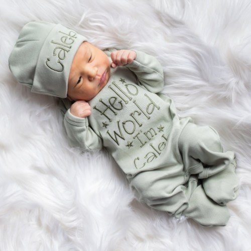 Baby Boy Coming Home Outfit Baby Boy Clothes Baby Boy Gift Personalized Baby Boy Outfit Hello World Outfit Baby Boy Baby Shower Gift Sage