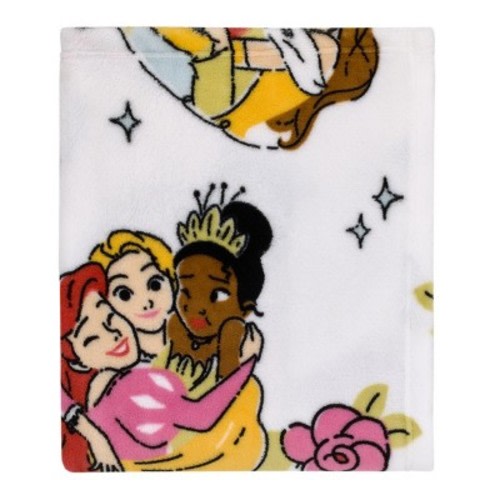 NoJo Disney Princesses Courage and Kindness Pink, Blue and White Ariel, Rapunzel, Tiana, Cinderella, Mulan, and Belle Super Soft Toddler Blanket