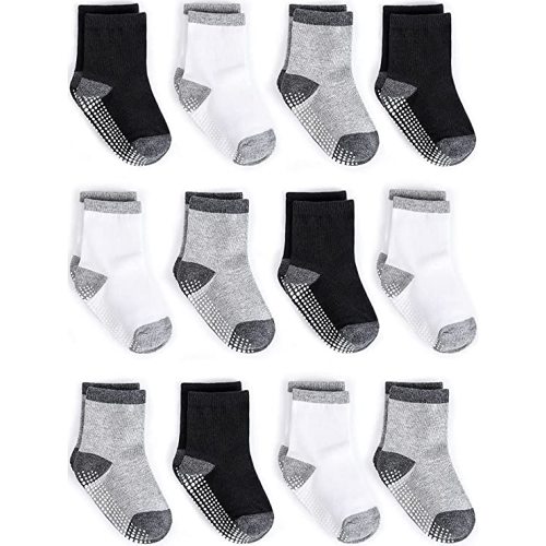 Zaples Grip Crew Socks with Non Slip/Anti Skid Soles for Baby Infants Toddlers Kids Boys Girls - 0-6 Months - Colored Blocked - 12 Pairs